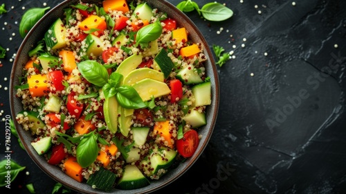 A colorful quinoa salad filled with roasted vegetables, avocado, and a zesty lemon dressing