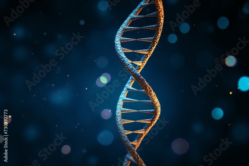 Blue particles dna helix glowing over dark blue background. Concept of genetics, science and medicine. Biotech. DNA spiral model on a dark blue background