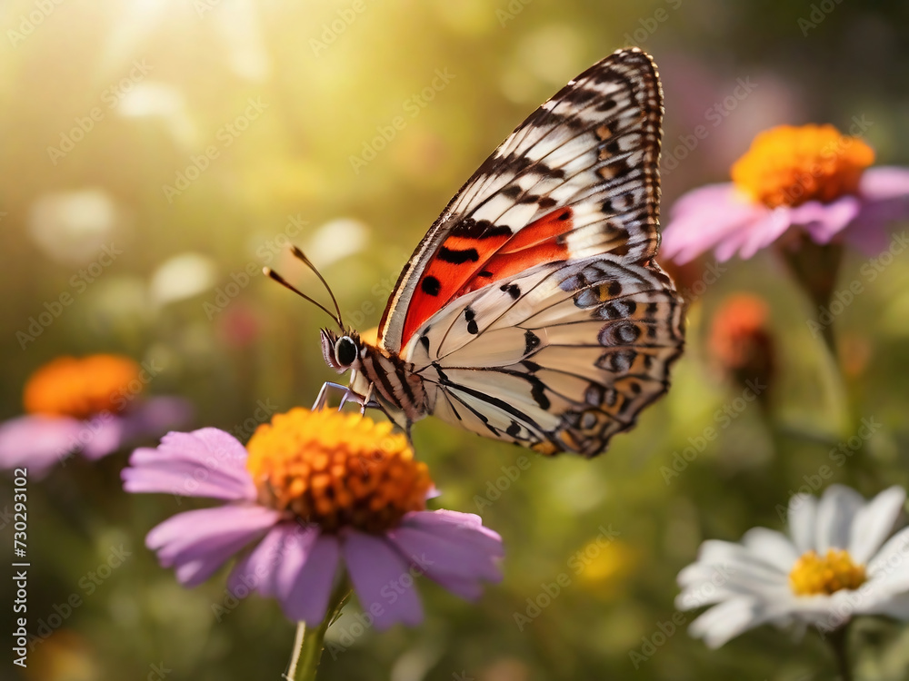 Schmetterling auf lila Blume in sonnendurchflutetem Garten Schmetterling auf lila Blume in sonnendurchflutetem Garten