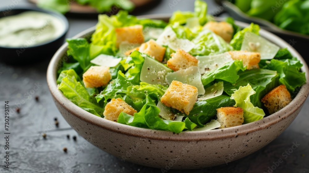 A classic Caesar salad with crisp romaine lettuce, croutons, parmesan cheese - obrazy, fototapety, plakaty 