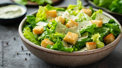 A classic Caesar salad with crisp romaine lettuce, croutons, parmesan cheese
