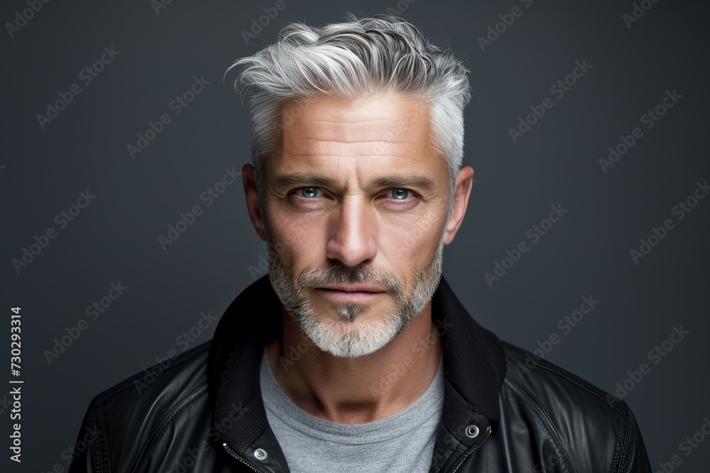 Fototapeta premium Distinguished Mature man gray hair. Happy smile. Generate Ai