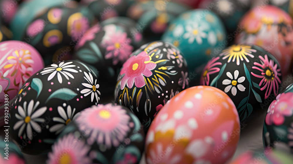 Fototapeta premium Black Easter eggs are painted with bright patterns.
