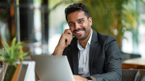 Phone call, laptop and talking Latino business man, bank consultant or advisor feedback on research report, project or data. Smartphone chat, administration and corporate person consulting