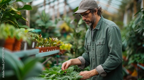 A diligent botanist examining a variety of exotic plants in a beautifully lan...