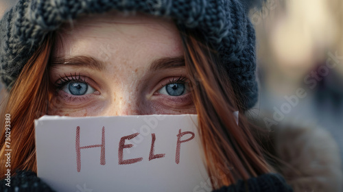 A red-haired young woman in a hat shows a note asking for help. The concept of the problem of abuse and domestic violence.