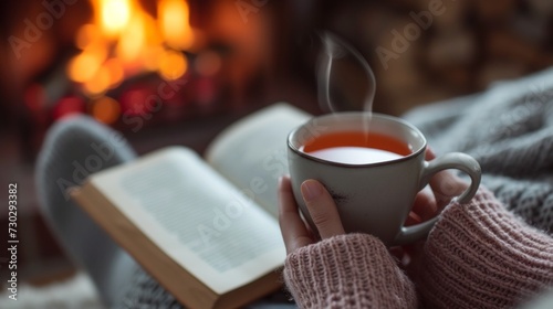 A cozy scene of a person holding a warm cup of tea by a fireplace, with a boo...