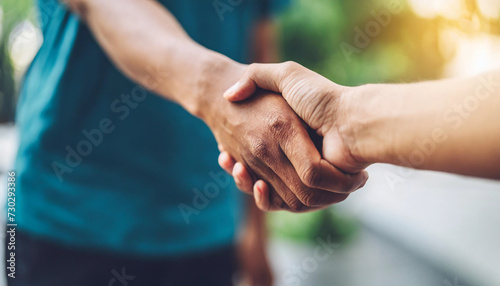people shaking hands, symbolizing partnership and friendship, against blurred background