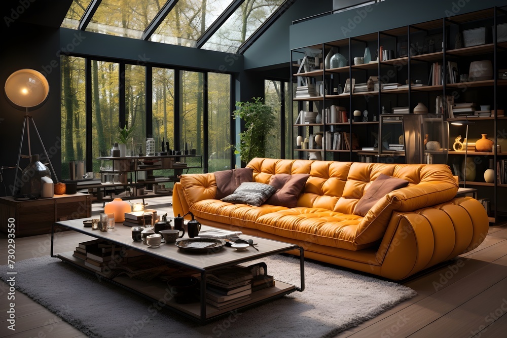 modern living room with luxury sofa and bookshelf generative ai