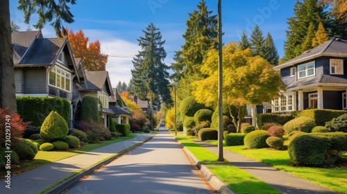 Neighbourhood of luxury houses with street road, big trees and nice landscape in Vancouver, Canada. Blue sky  © MIX STOCK IMAGE