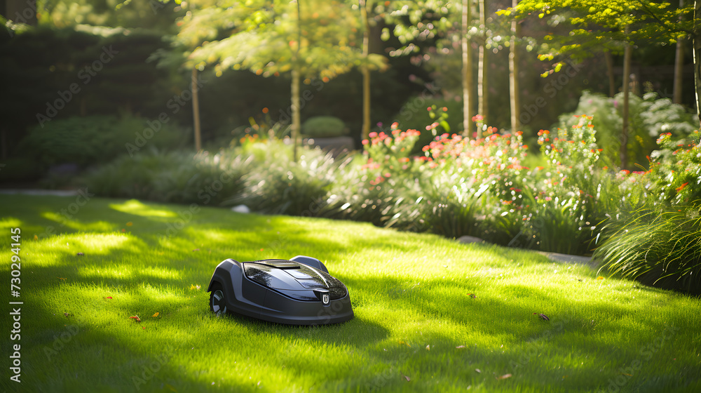 Voice activated robotic lawnmower Captured navigating a well kept garden Voice activated robotic lawnmower Captured navigating a well kept garden