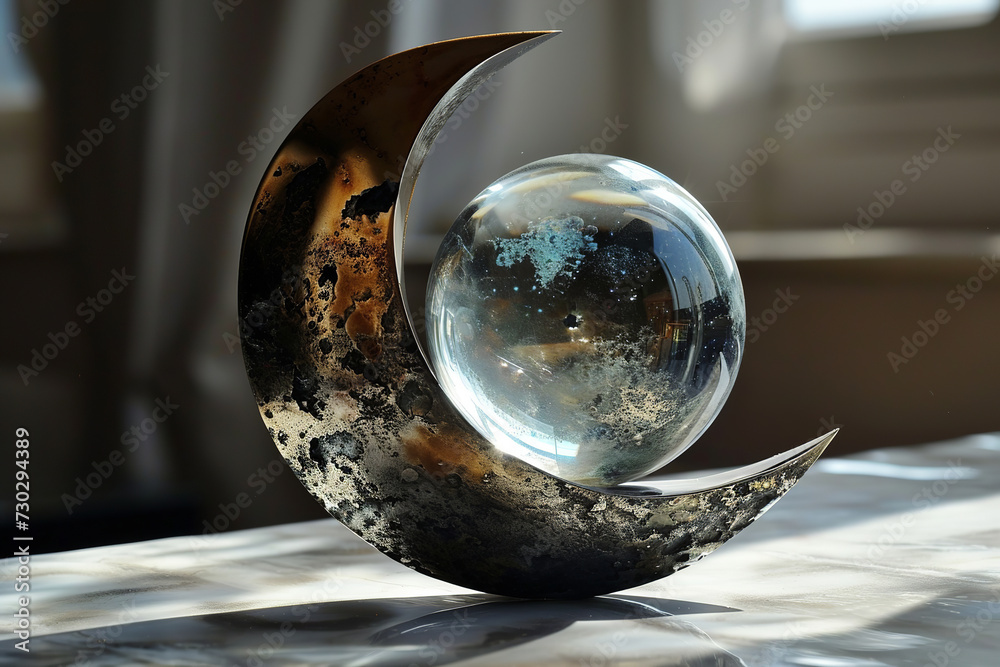 3d render of abstract art with surreal 3d ball in forms moon and month in matte metal material with glass parts, with dispersion effect on grey background