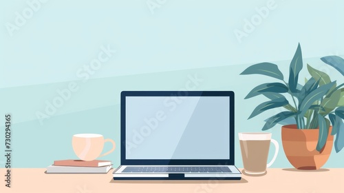 Modern workspace concept  laptop computer with blank display screen  ideal for copy space. Vector flat illustration of productivity and technology in office environment.