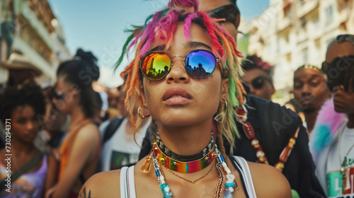 A young woman in sunglasses, with bright dreadlocks and fashionable youth jewelry walks among cheerful people along the street of the city where the festival is taking place.