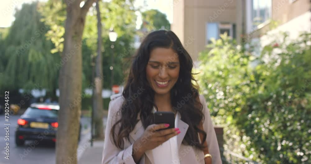 Woman, smartphone and walking in city with travel, commute and communication with social media and sunshine. Contact, happy commuter check email on journey and technology outdoor with mobile app