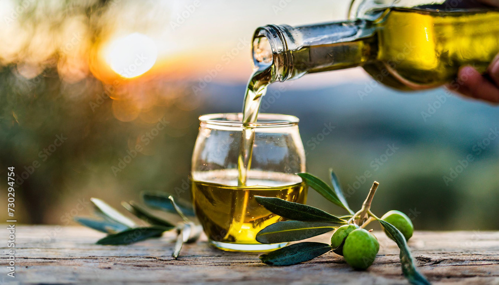 Golden olive oil pouring amidst serene olive grove at sunrise, with mountain village silhouetted against colorful sky Golden olive oil pouring amidst serene olive grove at sunrise, with mountain village silhouetted against colorful sky