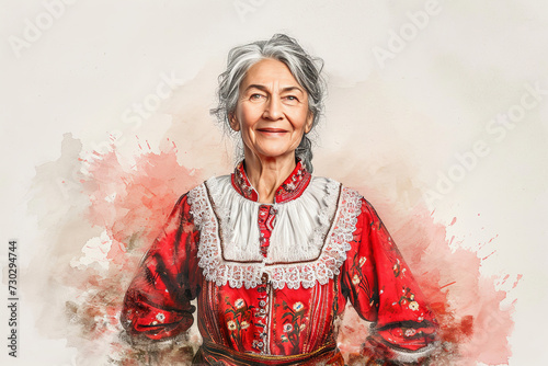 Watercolor drawing of a smiling grandmother in full length with gray hair in a red and white Bulgarian national dress on a white background - symbol of Baba Marta, spring and Easter holiday