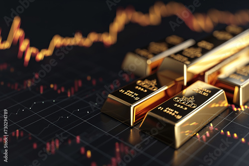 Growth gold bar financial investment stock diagram on black profit graph background. Global economy trade price business market concept or capital marketing golden banking chart exchange invest value.