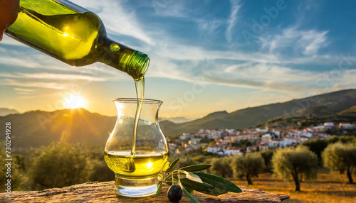 Golden olive oil pouring amidst serene olive grove at sunrise, with mountain village silhouetted against colorful sky photo