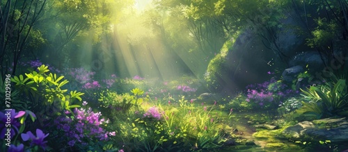The green and purple flowers are stunning, surrounded by lush greenery with the sun shining above. © 2rogan