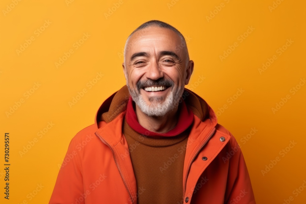 Portrait of happy senior man in orange jacket and hoodie on yellow background