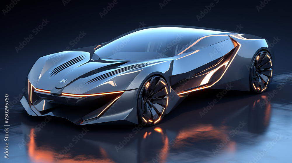 A sleek futuristic concept car with a dynamic design and neon lighting accents, reflecting on a polished dark surface, representing innovation and modern technology.Car concept.AI generated.