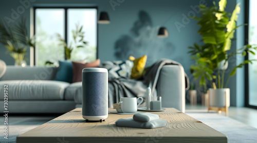 Voice activated smart speaker  Showcasing the speaker in a modern living room setting