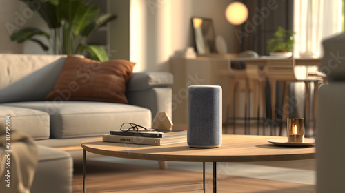 Voice activated smart speaker Showcasing the speaker in a modern living room setting