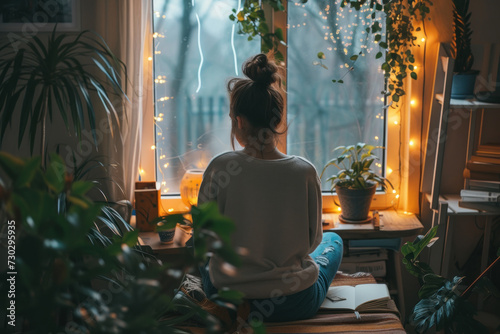 Peaceful Moment of a Young Woman Sitting by the Window Surrounded by Plants and Fairy Lights © KirKam