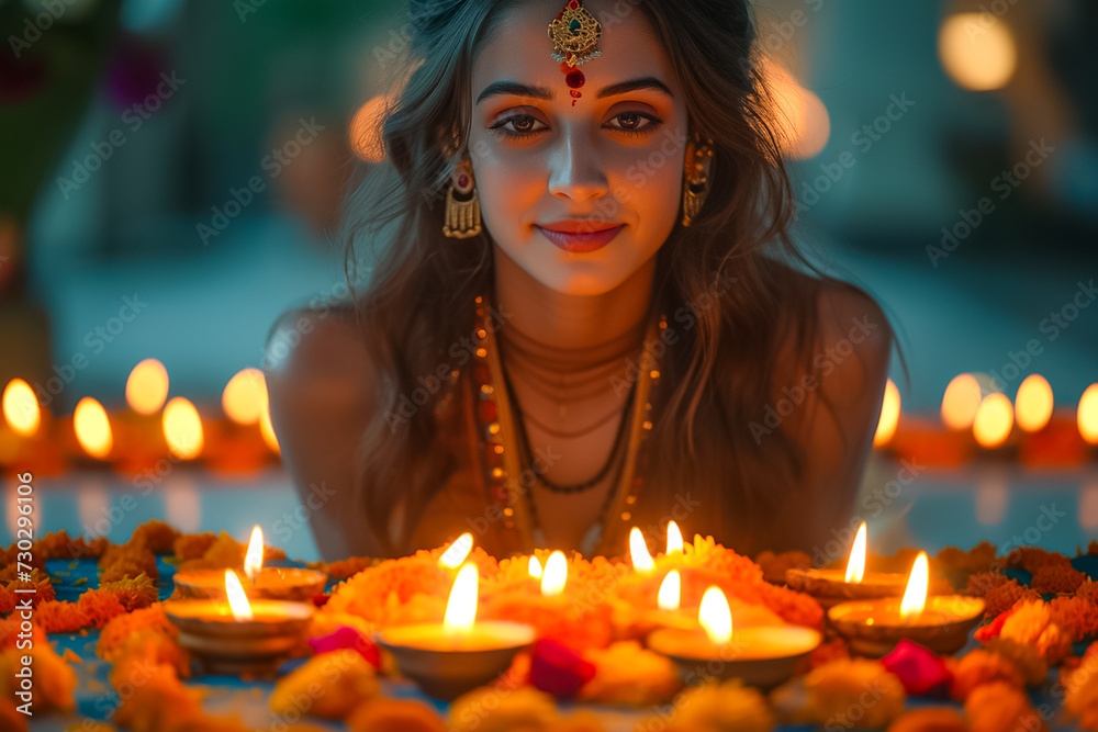 Happy young Indian woman placing diya lamps on decorated flower rangoli for diwali festival celebration at home - concept of festive preparation, traditional culture and spirituality Happy young Indian woman placing diya lamps on decorated flower rangoli for diwali festival celebration at home - concept of festive preparation, traditional culture and spirituality