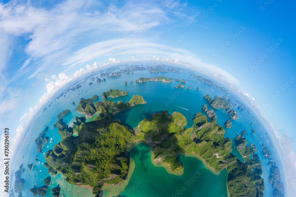 Top view of Ha Long Bay during beautiful day fisheye view