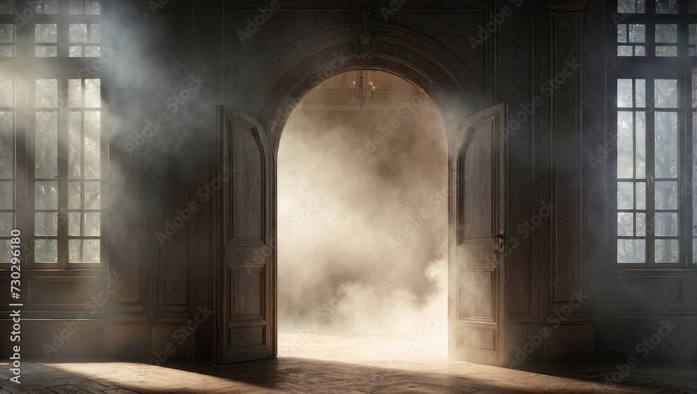 An opulent room with grand open double doors invites a dense mystical smoke, highlighted by the soft daylight filtering through tall French windows and rich wood paneling.