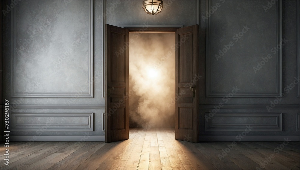 Bright light and smoke pour out of an open door in a classical room, casting a dreamy aura over the elegant wood paneling and polished parquet flooring. Bright light and smoke pour out of an open door in a classical room, casting a dreamy aura over the elegant wood paneling and polished parquet flooring.