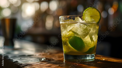 Refreshing Caipirinha Cocktail on Rustic Bar Top - Exotic Brazilian Drink with Lime and Ice, Perfect for Menu and Lifestyle Imagery