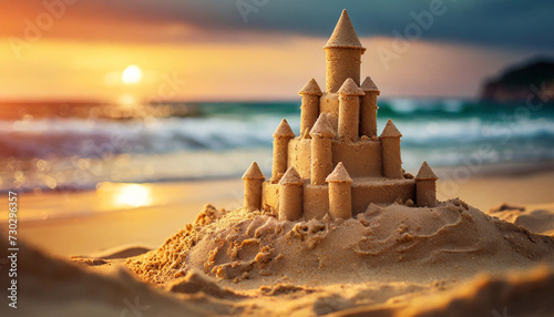 sandcastle against ocean sunrise/sunset. Serene beach scene with golden hues, symbolizing leisure, childhood memories, and natural beauty