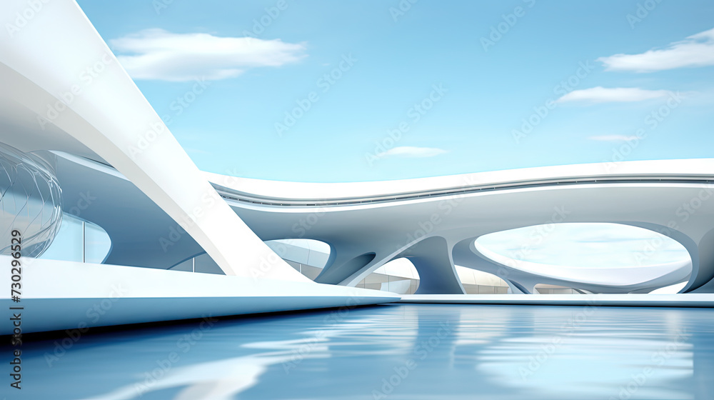 Abstract architecture scene with smooth curves. Abstract background with futuristic building in white and blue colors Abstract architecture scene with smooth curves. Abstract background with futuristic building in white and blue colors