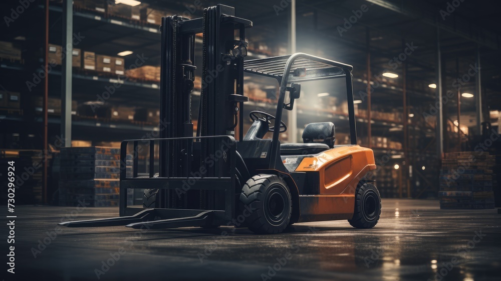  Forklift parked in factory warehouse