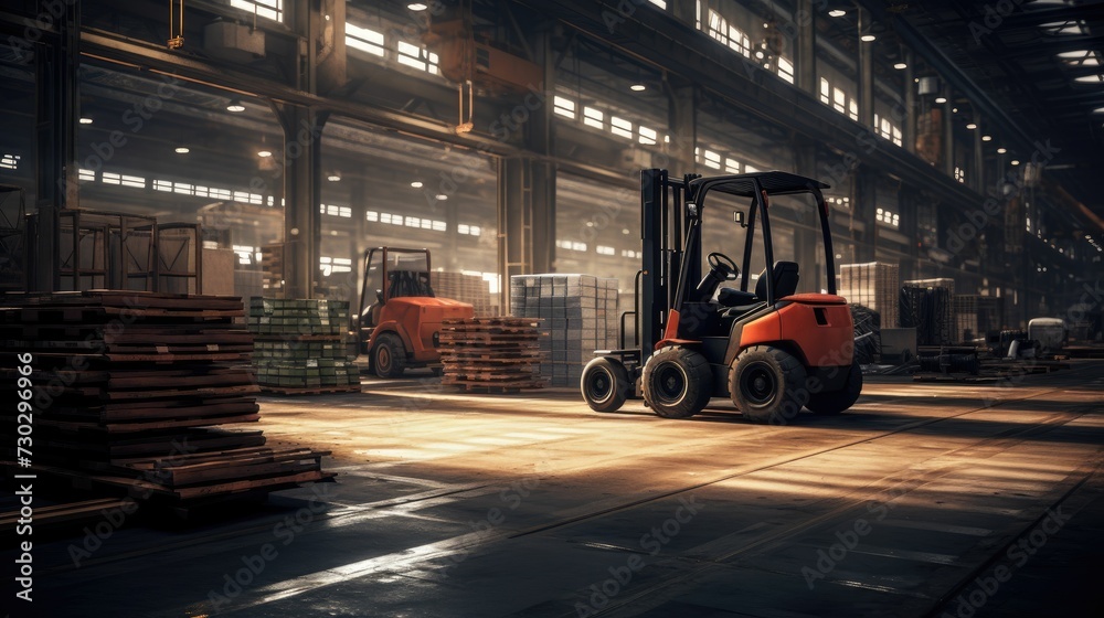 Fototapeta premium Forklift parked in factory warehouse