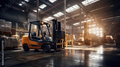  Forklift parked in factory warehouse