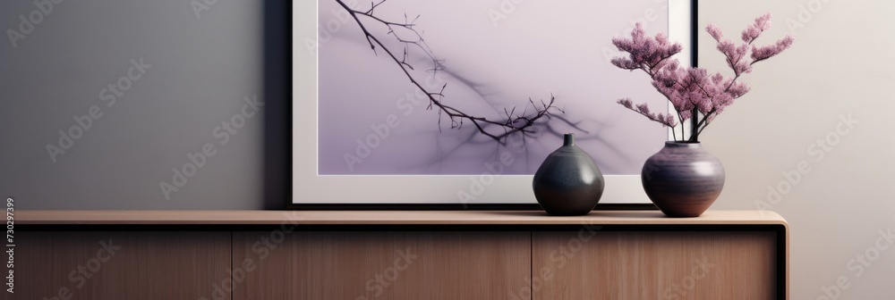 Black framed picture and vase near a wooden chest in a interior living room