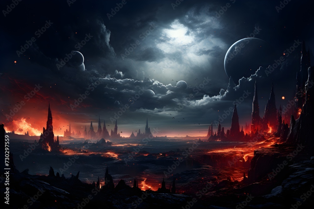 An unknown area on an exoplanet with a large moon, fog with large pointed buildings, and a dark, red atmosphere.
