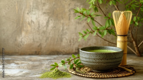 A Japanese matcha tea preparation, showcasing a vibrant green tea bowl and a ...