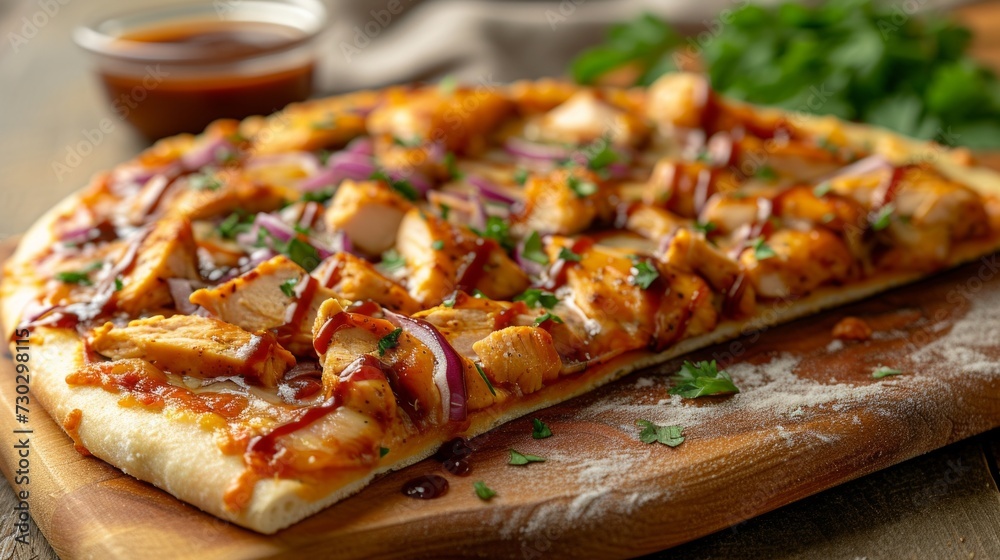 A slice of BBQ chicken pizza, adorned with tender chicken, barbecue sauce, and red onions