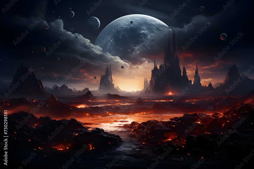 An unknown area on an exoplanet with a large moon, fog with large pointed buildings, and a dark, red atmosphere. An unknown area on an exoplanet with a large moon, fog with large pointed buildings, and a dark, red atmosphere.