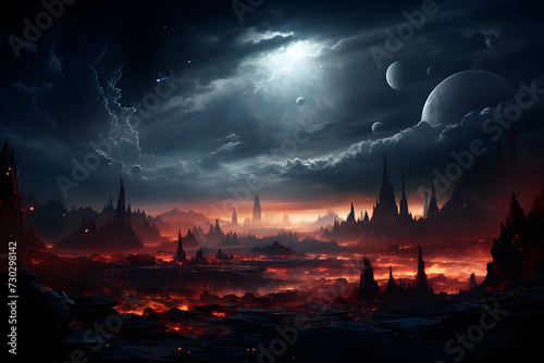 An unknown area on an exoplanet with a large moon, fog with large pointed buildings, and a dark, red atmosphere.