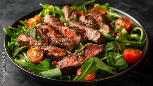 A gourmet steak salad with seared sirloin, mixed greens, cherry tomatoes, and a red wine vinaigrette