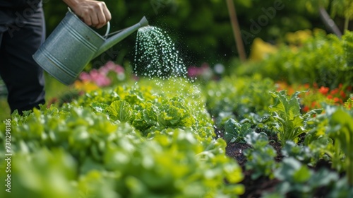A skilled gardener gracefully watering a row of thriving vegetables in their ...