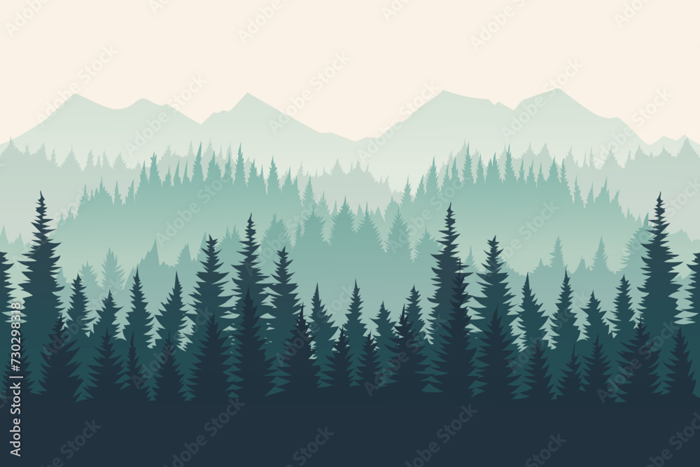 Beautiful silhouettes of a mountain forest in the fog early in the morning. Fir trees and pine trees against the backdrop of high mountains. Wildlife vector illustration.