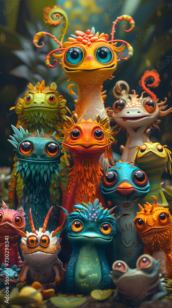 Colorful frogs with expressive eyes stand together in a bright jungle Colorful frogs with expressive eyes stand together in a bright jungle