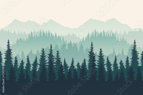 Fototapeta Naklejka Na Ścianę i Meble -  Beautiful silhouettes of a mountain forest in the fog early in the morning. Fir trees and pine trees against the backdrop of high mountains. Wildlife vector illustration.